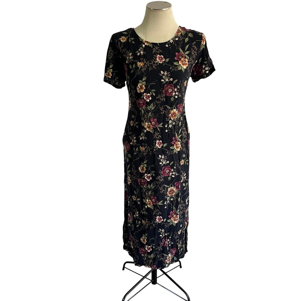 Vtg Y2K 2000s Dark Floral Maxi Dress Sz 14 Cottagecore Fairy Grunge